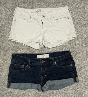LOTE de 2 Pantalones Cortos Abercrombie & Fitch Denim Lavado Oscuro Tiro Bajo Blanco Billabong Y2K Foto 1 de 4