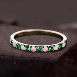Emerald Opal Wedding Band Half Eternity Engagement Band Ring for Women - Picture 1 of 6