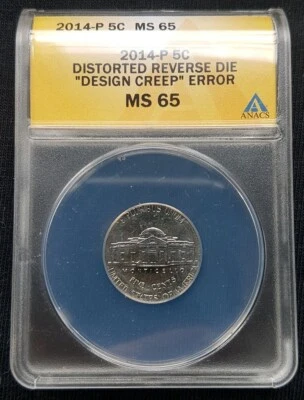 ANACS 2014-P Jefferson Nickel 'Distorted Reverse Die "Design Creep" Error' MS 65 - Image 1 of 4