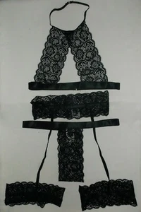 Shein sheer lace bralette garter belt leg rings & hi-cut thong panties S black - Picture 1 of 4
