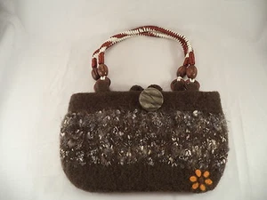 Lined Wool Purse Clutch Handbag w/flower Rosa Original Handmade by Deb - Picture 1 of 6