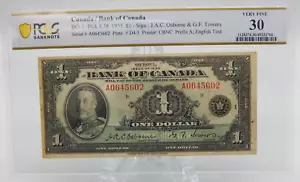 Billete de un dólar del Banco de Canadá de 1935 con clasificación PCGS BC-1 VF30 MUY FINO (BT404) - Imagen 1 de 4