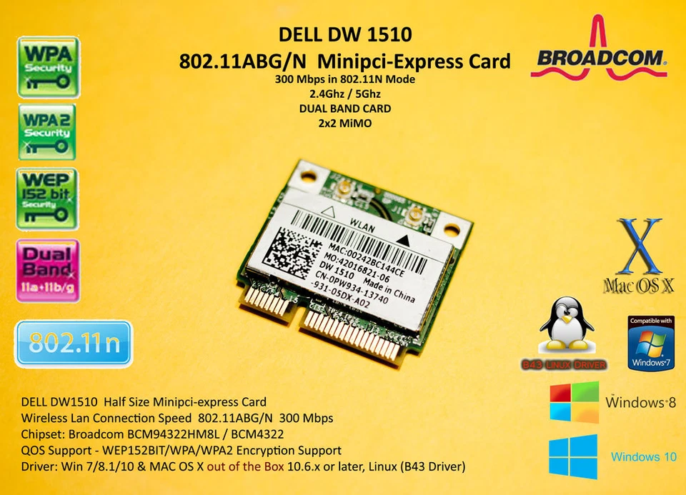 DELL DW1510 802.11ABG/N Broadcom BCM4322 BCM94322HM8L BCM94322 mPCIe Hackintosh - Bild 1 von 3