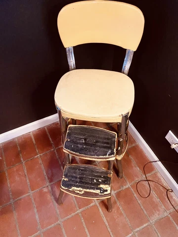 Vintage 1950's Cosco Stylaire Kitchen Folding Step Stool Metal Chair Cover
