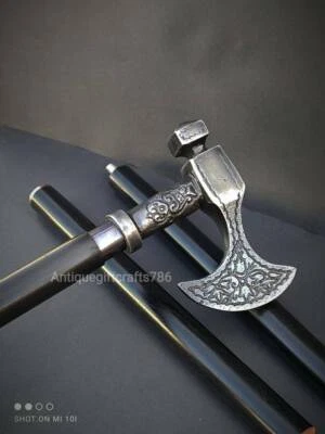 Bastón hecho a mano sólido antiguo hacha de peltre bastón bastón de madera  Foto 1 de 4