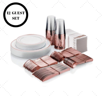 Juego de 96 elegantes platos tazas cubiertos oro rosa para fiesta boda cena Foto 1 de 4