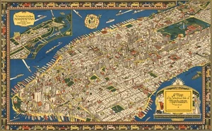 Manhattan 1926 New York Vintage bildhafte historische Karte Giclée Leinwanddruck 32x20 - Bild 1 von 2
