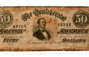 $50 "CONFEDERATE" (BLUEBACK) "1800'S" $50 "BLUEBACK"CONFEDERATE" $50 LARGE!! - Picture 1 of 3
