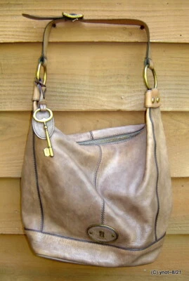 Authentic FOSSIL tan Cow-Hide Leather HOBO PURSE w/Key Shoulder-Bag handbag - Imagem 1 de 4
