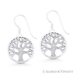 Tree-of-Life / Knowledge Etz Chaim Charm Sterling Silver Dangling Hook Earrings - Picture 1 of 1