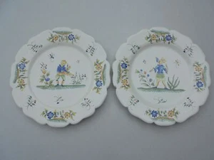Pair Antique Vintage Moustiers France Faience Pottery Plates HP Man Woman 9 1/4" - Picture 1 of 10