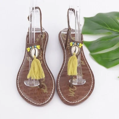 Sam Edelman Women's Kara Sandal Size 6 Thong Slingback Yellow Tassel Shell Beads - Image 1 of 4