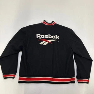 Vintage 90s Reebok Varsity Jacket Wool M Snap Button Black Red Trim - Picture 1 of 14