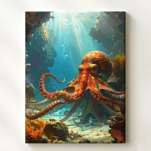 Hyperrealistischer Oktopus im Unterwasserschlucht beleuchteter Ozeankunst Wandbild - Bild 1 von 8