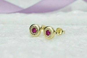 Natural Pink Ruby and Diamonds Yellow Gold Plated Silver Stud Earrings L560 - Picture 1 of 4