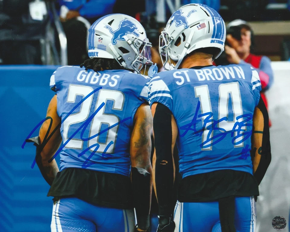 Foto autografiada de Jahmyr Gibbs & Amon-Ra St. Brown de los Detroit Lions 8x10 con certificado de autenticidad Foto 1 de 1