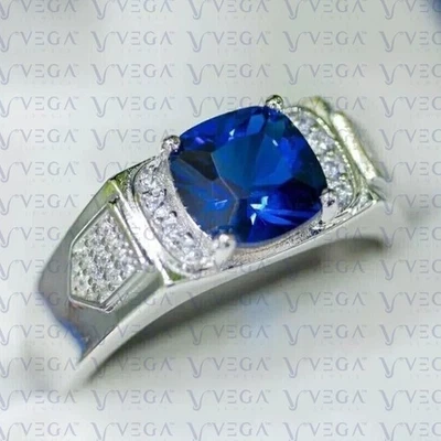 Anillo para hombre 4,40 quilates cojín zafiro natural con diamantes chapado en platino 950PT Foto 1 de 4