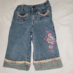 Pantalones de mezclilla a cuadros azules descoloridos Glory niñas 24 meses bordados florales  - Imagen 1 de 6