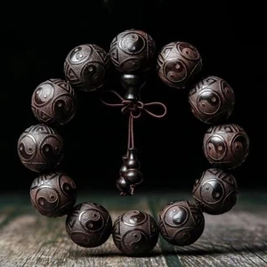 Bracciale Perline Ebano Taiji Bagua Intagliate Yin Yang Zitan Buddista Mala Unisex - Foto 1 di 4