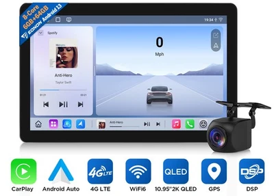 High-Performance 10.95" Android 13 Car Radio 2K QLED Screen GPS 4G LTE CarPlay - Image 1 of 4