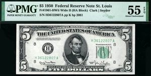 1950 $5 St. Louis *WIDE II* Federal Reserve Note 1961-H Wide 2 PMG 55 EPQ *RARE* - Picture 1 of 2