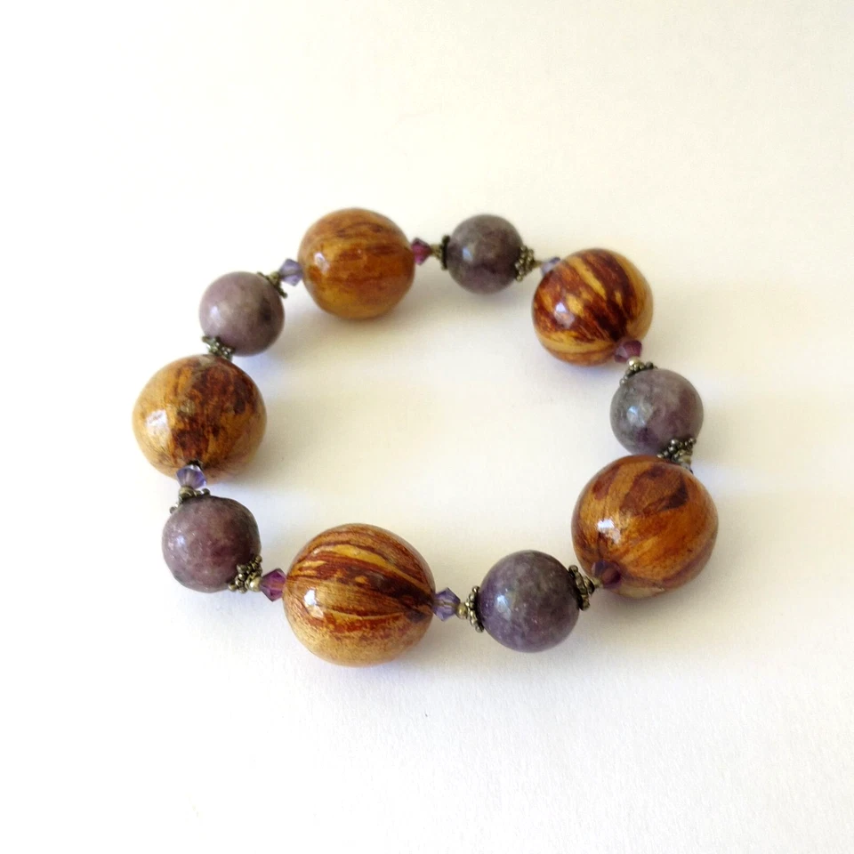 Chunky Wood Bead and Purple Quartz Stone Bead Stretch Bracelet - Image 1 of 4