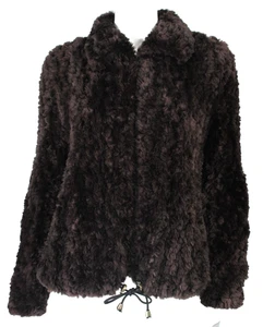PAULA LISHMAN Walnut Brown Beaver Fur & Cotton Knit Collared Zip-Front Jacket S - Picture 1 of 6