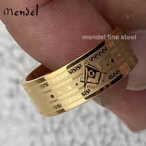 MENDEL Mens 10k Gold Plated Freemason Masonic Band Ring Stainless Steel Siz 7-15 - Picture 1 of 7