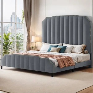 Gray King Size Bed Frame Tall Upholstered Velvet Headboard Metal Platform Slats - Picture 1 of 10