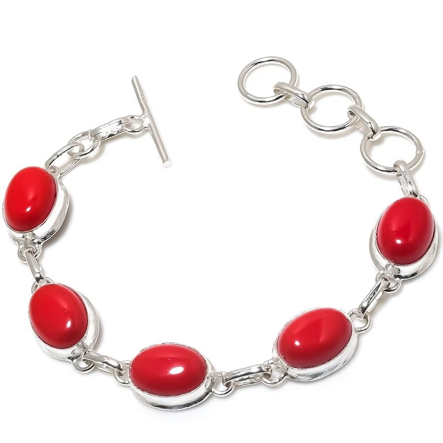 Red Coral Gemstone Handmade 925 Sterling Silver Jewelry Bracelet Sz 7-8" - Image 1 of 1
