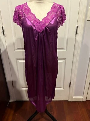 Women Dark Purple Silky Short Sleeve V Neck Lace Nightgown 4XL 40"Lx24"W - Image 1 of 4