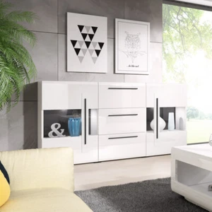 Sideboard weiß Hochglanz mit LED Beleuchtung und Metallgriffen, Glastüren  - Bild 1 von 5