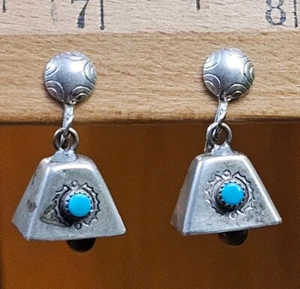 Navajo Turquoise Dangle Earrings Sterling Silver Bell Charm  Handmade - Picture 1 of 11