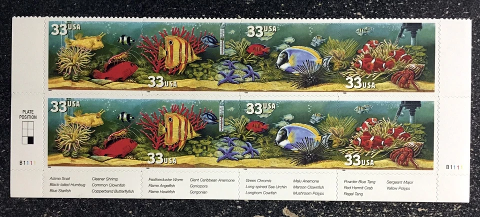 1999USA #3317-3320 33c Aquarium Fish - Bottom Plate Block of 8  Mint  (#B1111) - Image 1 of 1