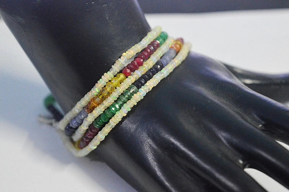 100% Natural Multi Sapphire,Ethiopian OPAL Faceted Gemstone 5 Line Bracelet 7.5" - Image 1 of 4