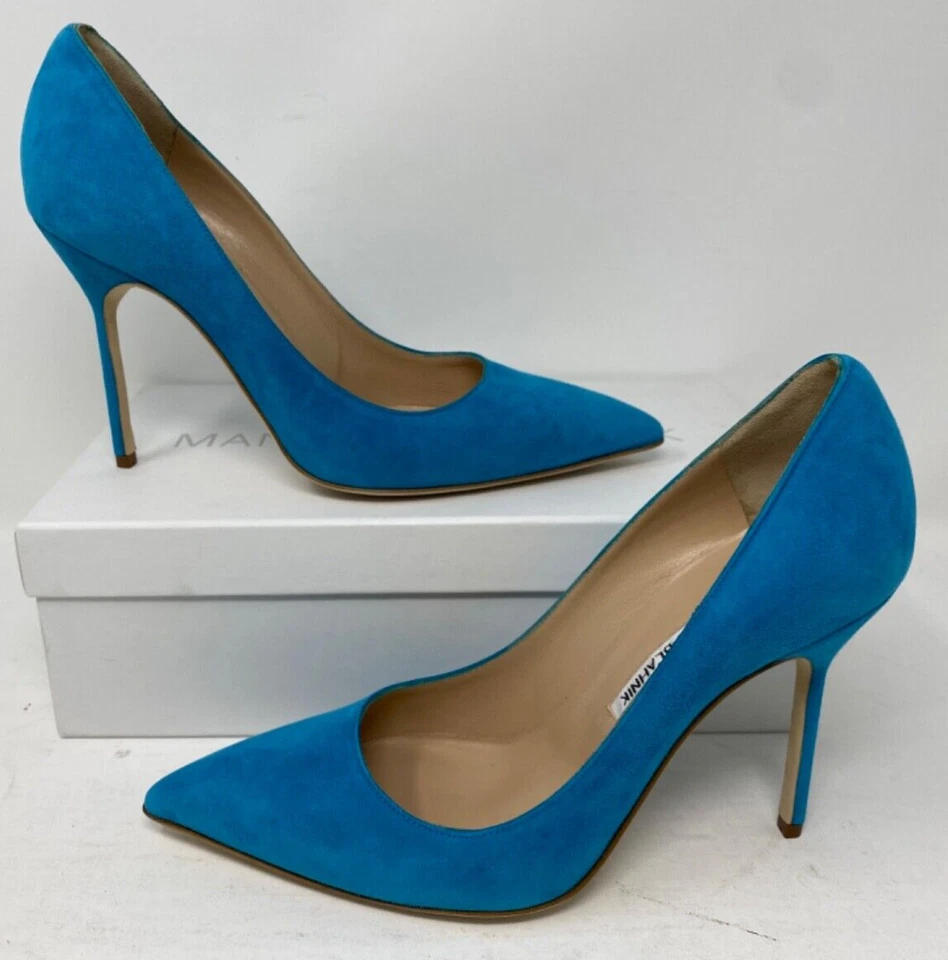 Manolo Blahnik BB 105 Blue Suede Classic Pointed Stiletto PUMPS Sz 37 7