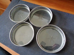 STERLING SILVER/GLASS BOTTOM 4 COASTERS🌟STAR ETCHED ON BOTTOM🌟NO MAKER FOUND👀 - Picture 1 of 5