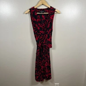 Norma Kamali Faux Wrap Dress Size Large Black Red Floral Jersey Stretch Work - Picture 1 of 12