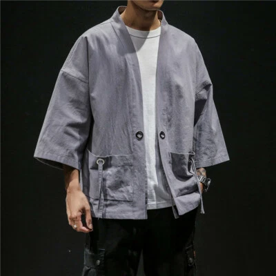Men Chinese Retro Kimono Coat Jacket Loose Baggy Pocket Outwear Harajuku - Image 1 of 4