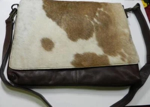 RARO "NATURAL" INDIA Cuero de Vaca Marrón y Blanco Bandolera Bolso de Cuero PORTÁTIL 16"w x 12" - Imagen 1 de 13