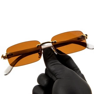 Men's Gold Frame Brown Tint White Woodgrain Hip Hop Rimless Summer Sunglasses​ - Picture 1 of 6