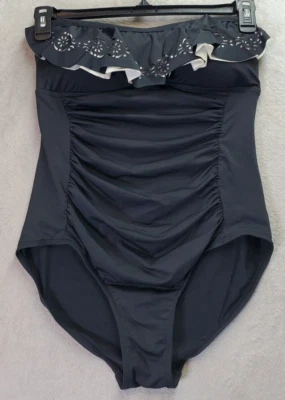 Traje de baño Jones New York para mujer talla 10 negro de una pieza plisado fuera del hombro Foto 1 de 4