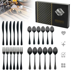 24x Set Stainless Steel Cutlery Set, Black Heavy 24 Pcs Silverware With Gift Box - Picture 1 of 16