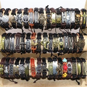 50pcs/Lot Leather Metal Charm Bracelets Vintage Wrist Cuff Bracelets Mix Style - Picture 1 of 12