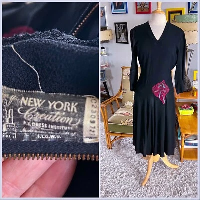 Vintage 1940s Dress New York Creation Black Appliqué M L Pinup Rockabilly 40s - Image 1 of 4
