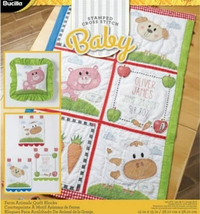 Bucilla Stamped Cross Stitch Baby Farm Animals Quilt Blocks 48"×32" Kit # 47731 - Picture 1 of 3