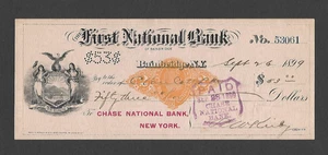 U.S. 1899 BANK CHECK, FIRST NATIONAL BANK, BAINBRIDGE, NY W/ REVENUE RN-X7 - Picture 1 of 2