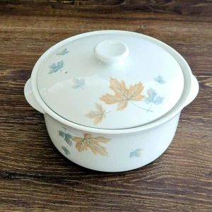 Legno di acero Noritake vintage 3 qt. Casseruola rotonda coperta blu e marrone foglia autunnale - Foto 1 di 15