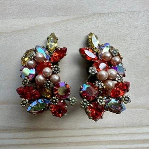 Vintage Statement Blumen Clip Ohrringe 1,25" Multicolor Kristall Kunstperlen Österreich - Bild 1 von 8