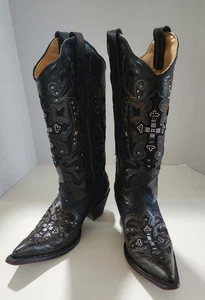 EUC Vtg Sz 6.5 Corral Women’s Cowboy Boots Brown-Black Cross Rhinestones Leather - Picture 1 of 12